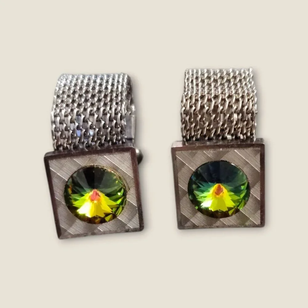 Vintage Estate Mesh Silver Tone Cufflinks With Watermelon Rhinestone